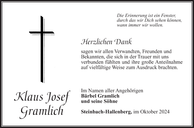  Traueranzeige für Klaus Josef Gramlich vom 16.10.2024 aus Südthüringer Presse