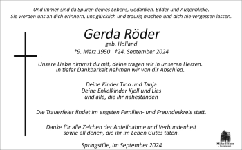 Traueranzeige von Gerda Röder von Südthüringer Presse