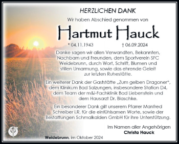 Traueranzeige von Hartmut Hauck von Südthüringer Presse