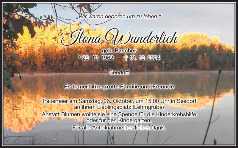  Traueranzeige für Ilona Wunderlich vom 23.10.2024 aus Frankenpost