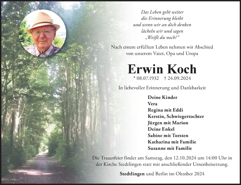  Traueranzeige für Erwin Koch vom 05.10.2024 aus Südthüringer Presse