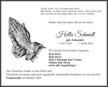 Traueranzeige von Hella Schmidt von Südthüringer Presse