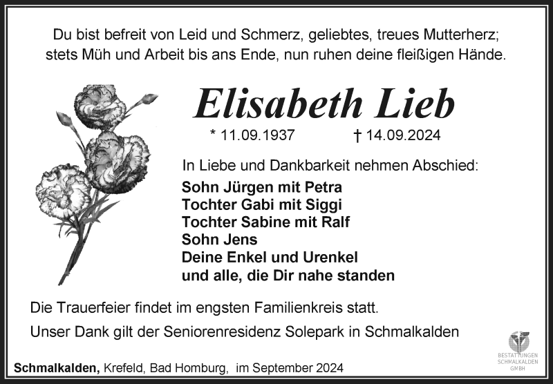  Traueranzeige für Elisabeth Lieb vom 12.10.2024 aus Südthüringer Presse