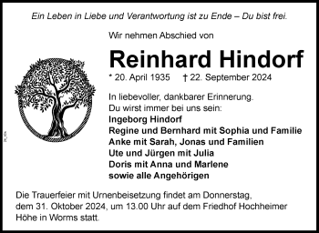Traueranzeige von Reinhard Hindorf von Frankenpost