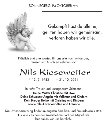 Traueranzeige von Nils Kiesewetter von Südthüringer Presse