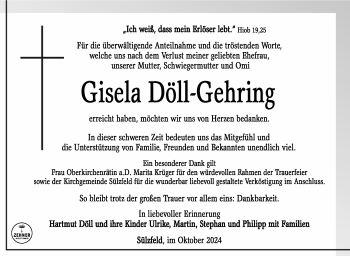 Traueranzeige von Gisela Döll-Gehring von Südthüringer Presse