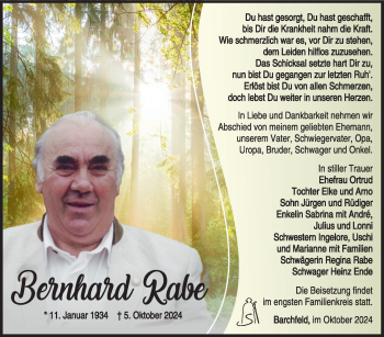 Traueranzeige von Bernhard Rabe von Südthüringer Presse