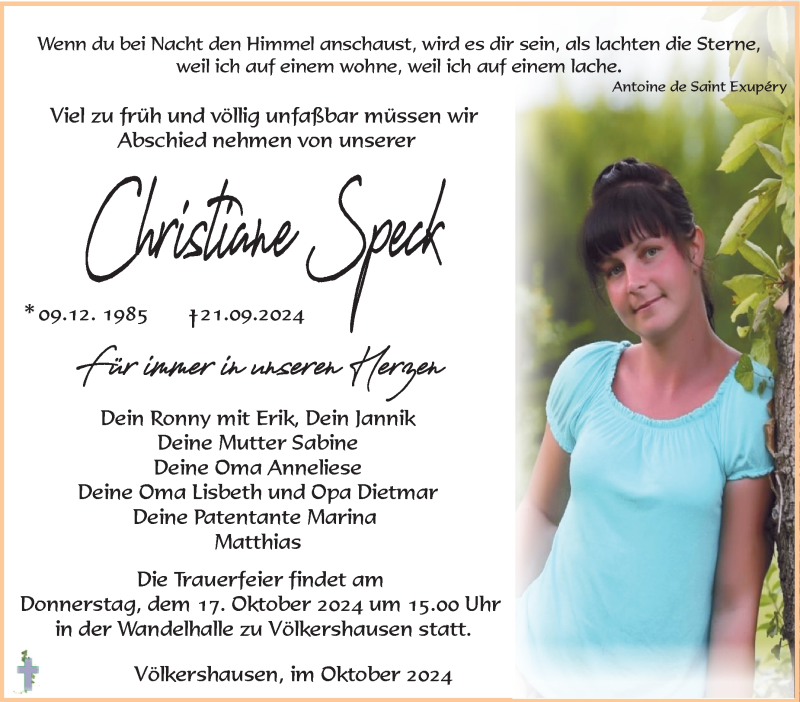  Traueranzeige für Christiane Speck vom 12.10.2024 aus Südthüringer Presse