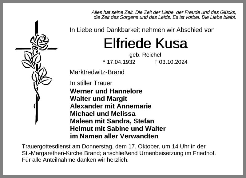  Traueranzeige für Elfriede Kusa vom 15.10.2024 aus Frankenpost