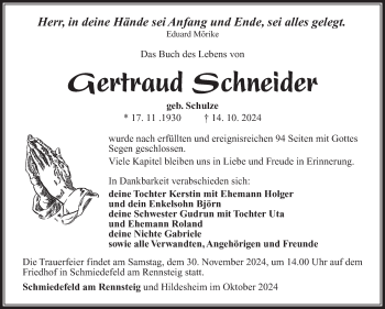 Traueranzeige von Gertraud Schneider von Südthüringer Presse
