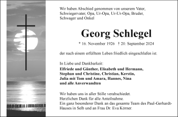 Traueranzeige von Georg Schlegel von Frankenpost