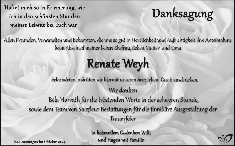  Traueranzeige für Renate Weyh vom 26.10.2024 aus Südthüringer Presse