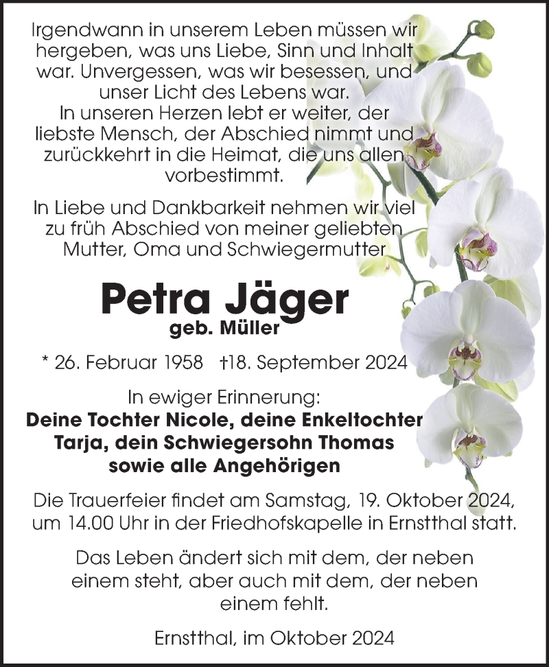  Traueranzeige für Petra Jäger vom 12.10.2024 aus Südthüringer Presse