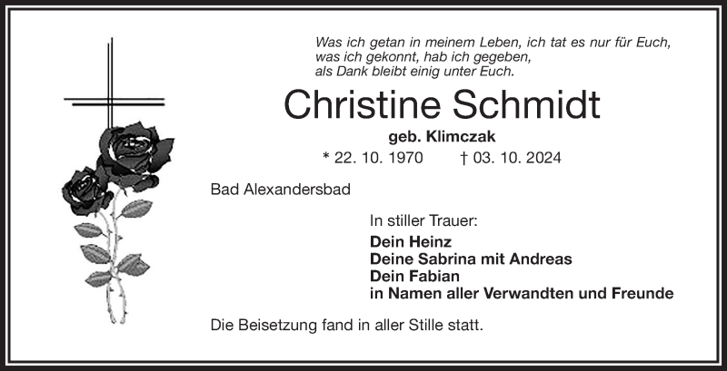  Traueranzeige für Christine Schmidt vom 23.10.2024 aus Frankenpost