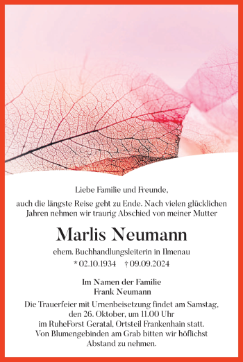 Traueranzeige von Marlis Neumann von Südthüringer Presse