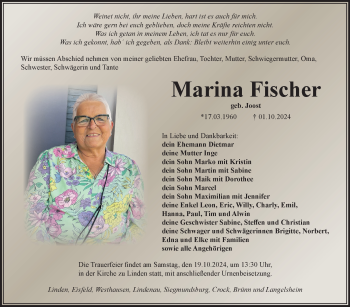 Traueranzeige von Marina Fischer von Südthüringer Presse
