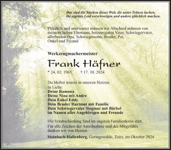Traueranzeige von Frank Häfner von Südthüringer Presse