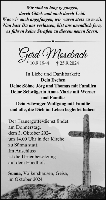 Traueranzeige von Gerd Mosebach von Südthüringer Presse