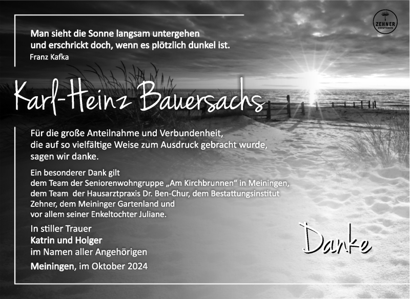 Traueranzeige für Karl-Heinz Bauersachs vom 26.10.2024 aus Südthüringer Presse