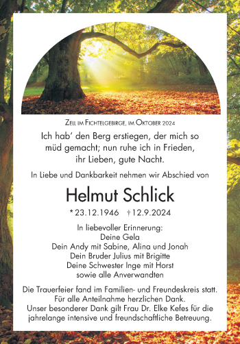 Traueranzeige von Helmut Schlick von Frankenpost