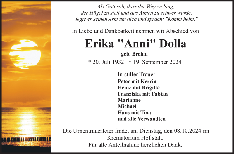  Traueranzeige für Erika Dolla vom 05.10.2024 aus Frankenpost