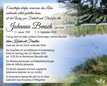 Traueranzeige von Johanna Bensch von Südthüringer Presse