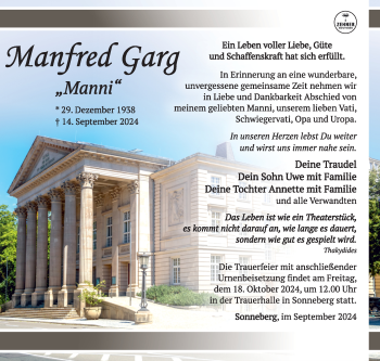 Traueranzeige von Manfred Garg von Südthüringer Presse