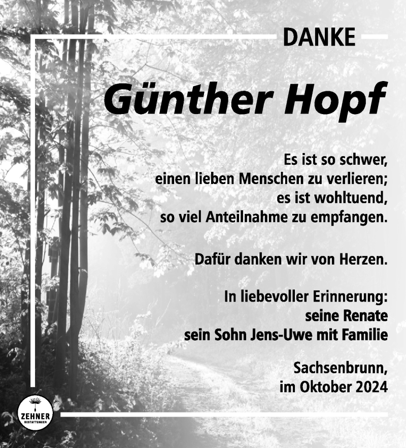  Traueranzeige für Günther Hopf vom 19.10.2024 aus Südthüringer Presse