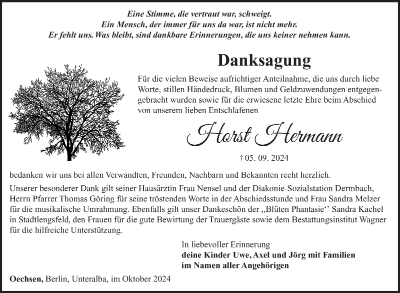  Traueranzeige für Horst Hermann vom 26.10.2024 aus Südthüringer Presse