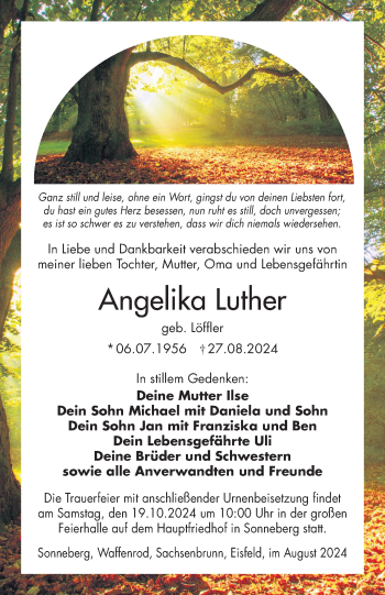 Traueranzeige von Angelika Luther von Südthüringer Presse