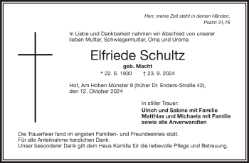 Traueranzeige von Elfriede Schultz von Frankenpost