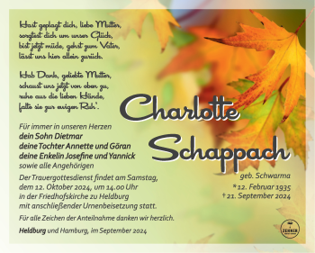 Traueranzeige von Charlotte Schappach von Südthüringer Presse