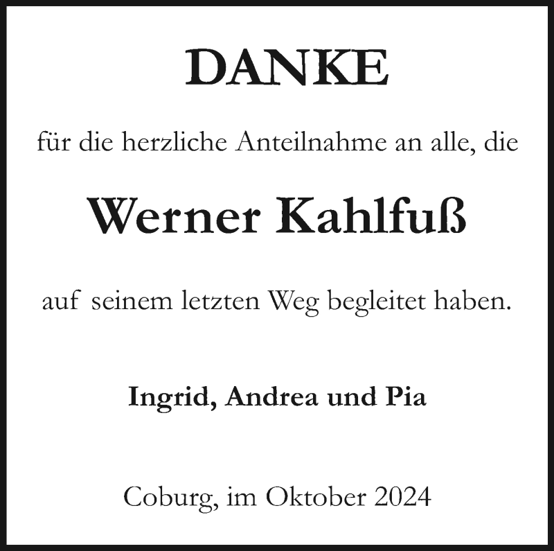  Traueranzeige für Werner Kahlfuß vom 05.10.2024 aus Neue Presse Coburg