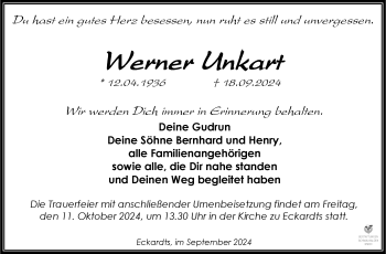 Traueranzeige von Werner Unkart von Südthüringer Presse