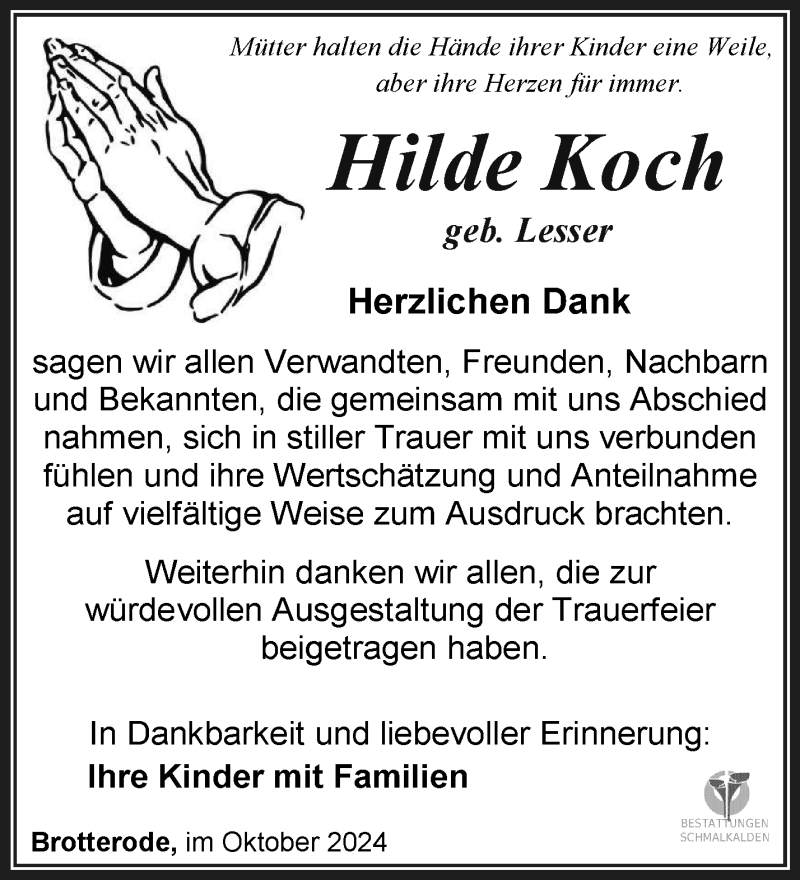  Traueranzeige für Hilde Koch vom 25.10.2024 aus Südthüringer Presse