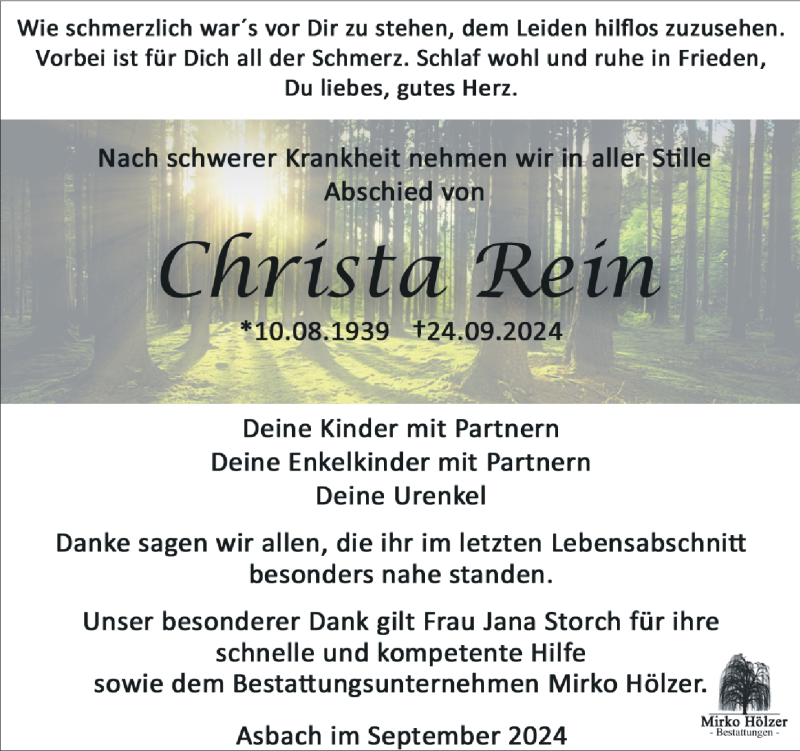  Traueranzeige für Christa Rein vom 11.10.2024 aus Südthüringer Presse