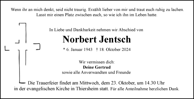 Traueranzeige für Norbert Jentsch vom 22.10.2024 aus Frankenpost