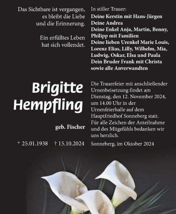 Traueranzeige von Brigitte Hempfling von Südthüringer Presse