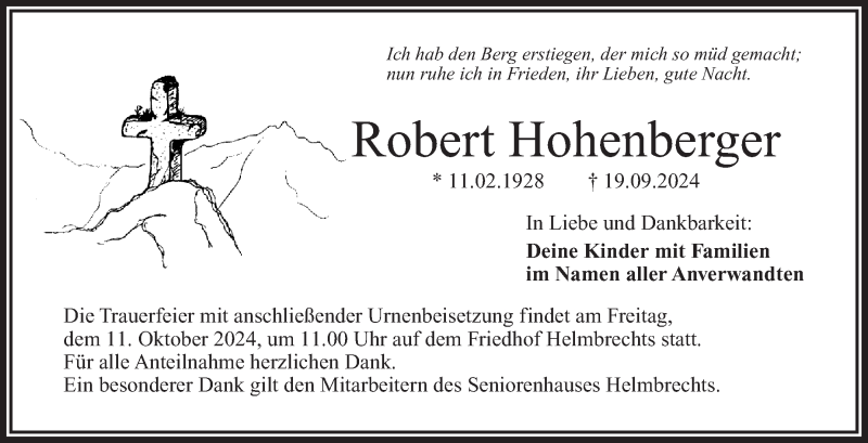  Traueranzeige für Robert Hohenberger vom 09.10.2024 aus Frankenpost
