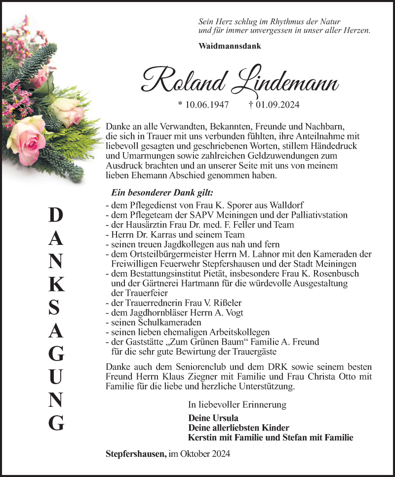  Traueranzeige für Roland Lindemann vom 05.10.2024 aus Südthüringer Presse