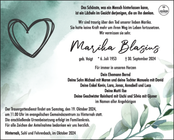 Traueranzeige von Marika Blasius von Südthüringer Presse