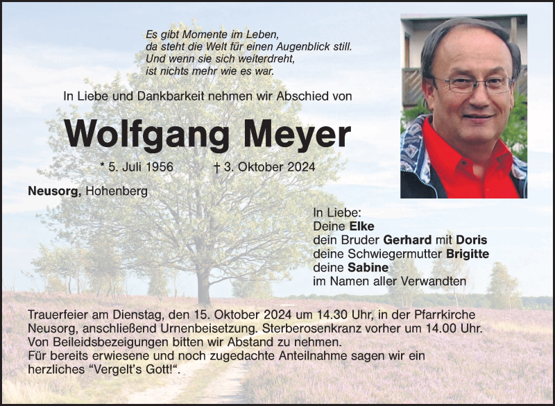 Traueranzeige für Wolfgang Meyer vom 12.10.2024 aus Frankenpost