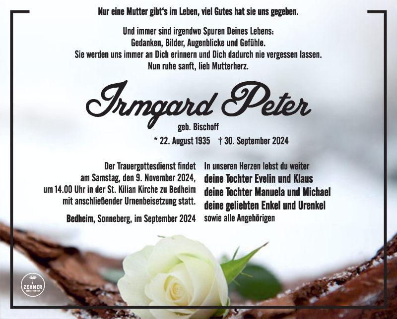  Traueranzeige für Irmgard Peter vom 26.10.2024 aus Südthüringer Presse