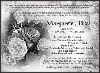 Traueranzeige von Margarete Jökel von Südthüringer Presse