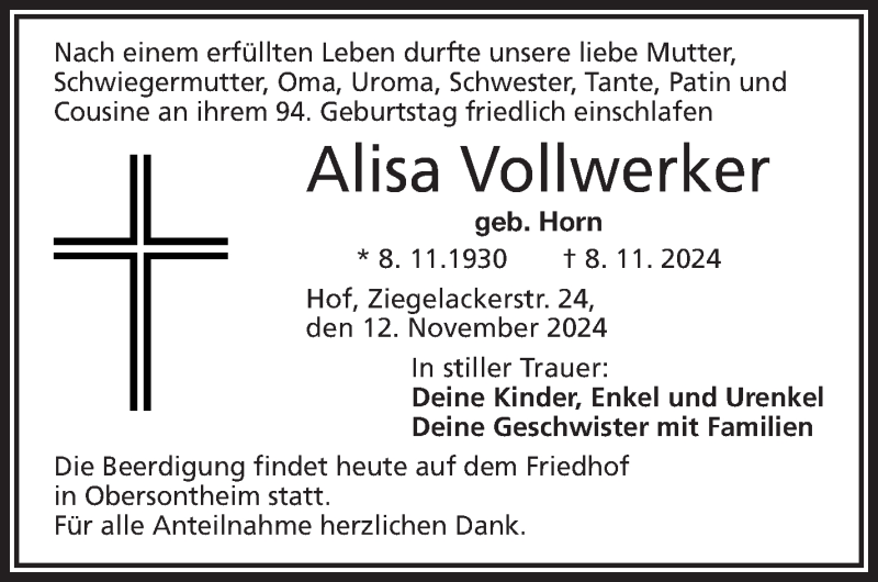  Traueranzeige für Alisa Vollwerker vom 12.11.2024 aus Frankenpost