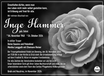 Traueranzeige von Inge Hammer von Südthüringer Presse