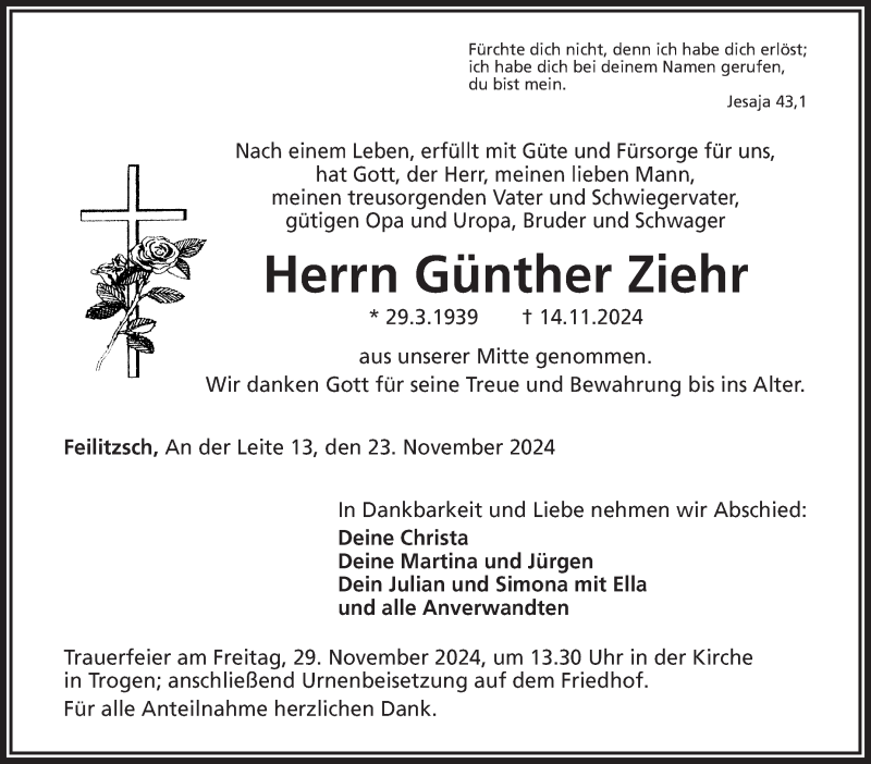  Traueranzeige für Günther Ziehr vom 23.11.2024 aus Frankenpost