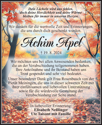 Traueranzeige von Achim Apel von Südthüringer Presse