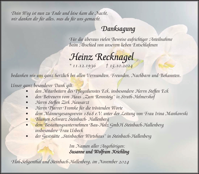  Traueranzeige für Heinz Recknagel vom 09.11.2024 aus Südthüringer Presse