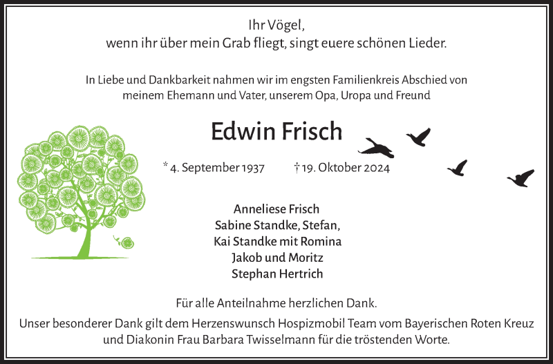  Traueranzeige für Edwin Frisch vom 22.11.2024 aus Frankenpost